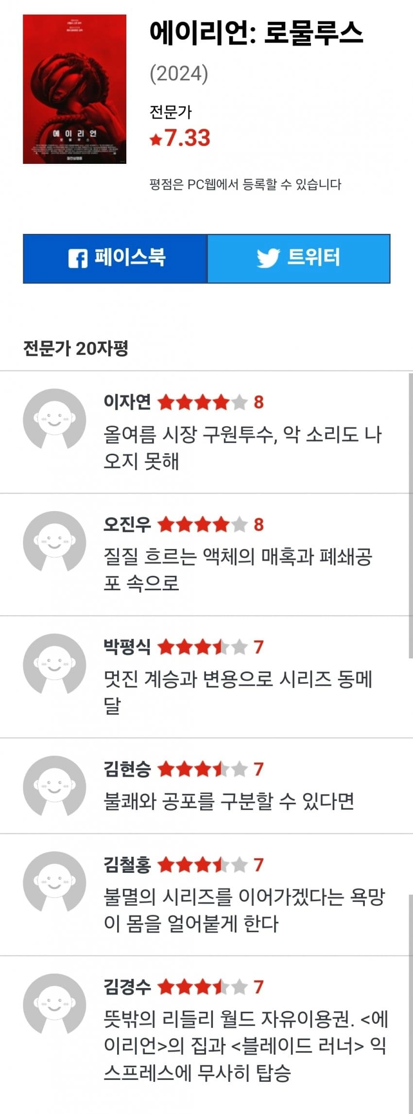 에이리언 씨네21 평론가 평점