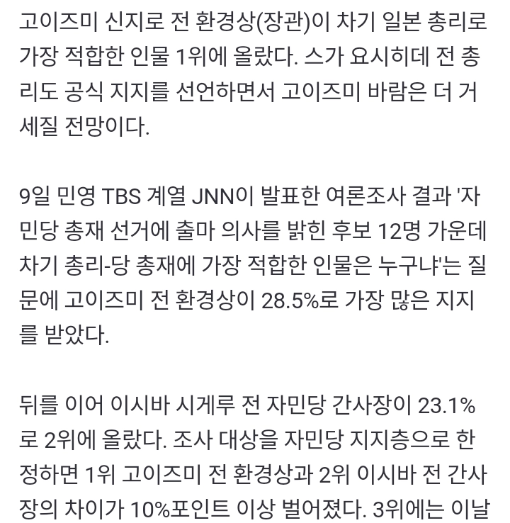 고이즈미, 日🇯🇵 차기 총리 지지율 1위... 전 총리도 GG